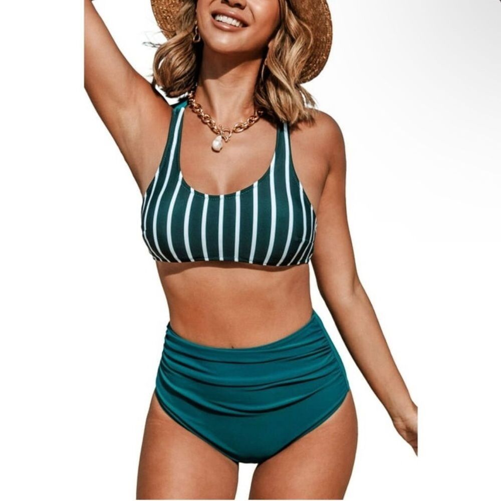Cupshe Teal and White Striped Bikini